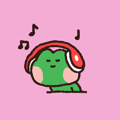 Frog vibing to the music with headphones